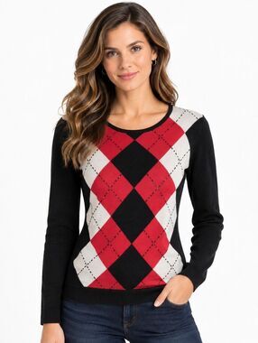 Vintage Tailor women's scoop neck sweater, XS, black red white, Diamond pattern